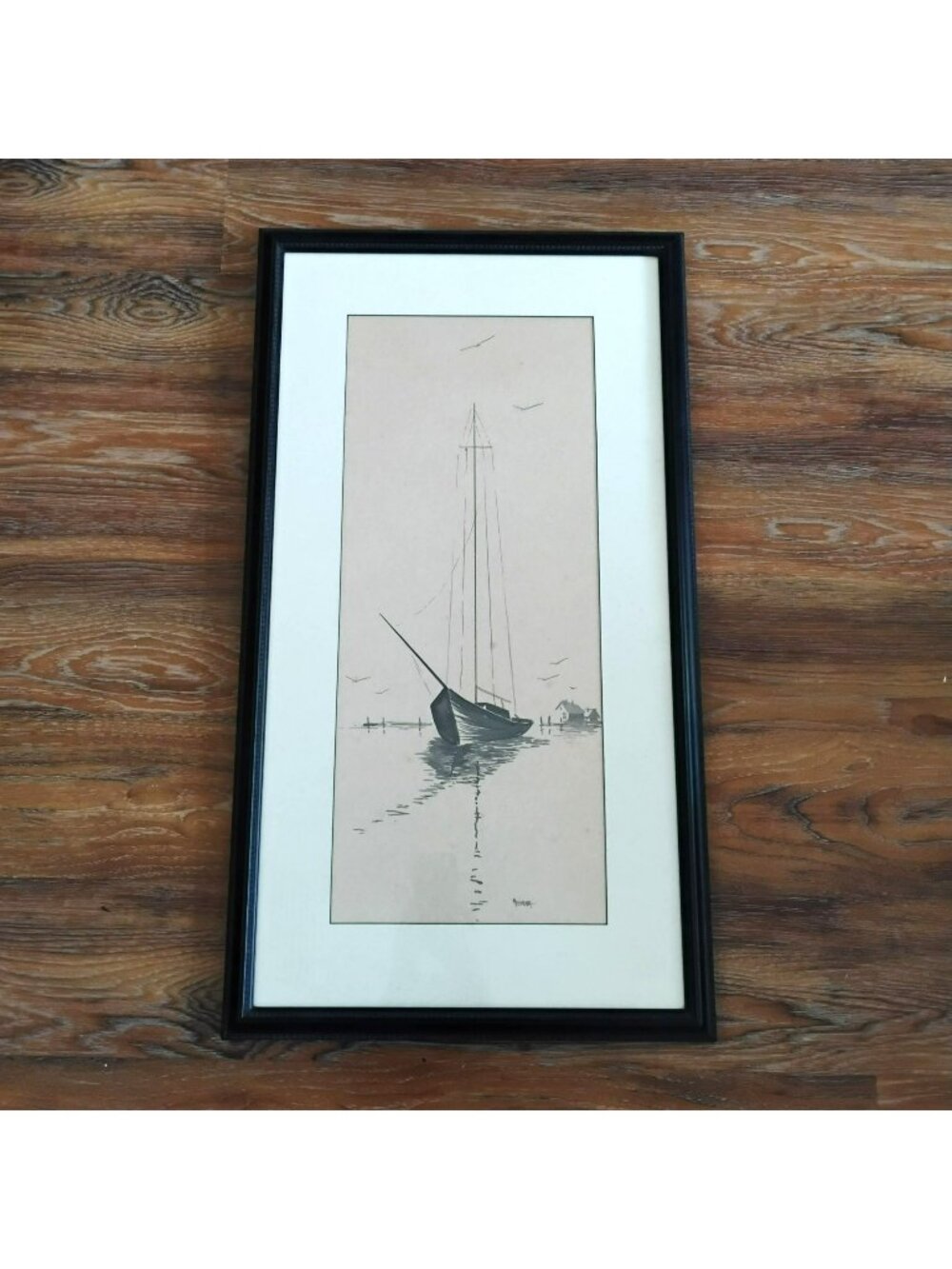Vintage Sailboat Ink Wash Gouache Painting Signed Messina 17x30 Framed Original